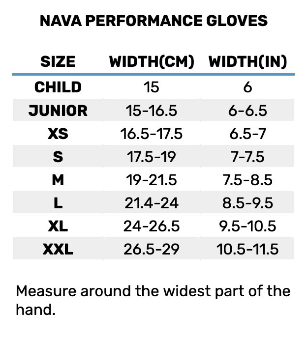 Size Chart for Nava Prestige Short Finger Sailing Gloves - Black